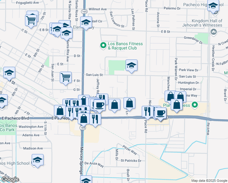 map of restaurants, bars, coffee shops, grocery stores, and more near 1548 Canal Farm Lane in Los Banos