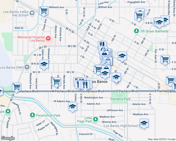 map of restaurants, bars, coffee shops, grocery stores, and more near 1022 4th Street in Los Banos