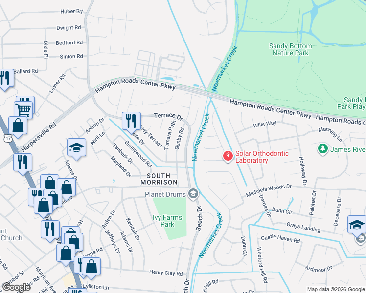 map of restaurants, bars, coffee shops, grocery stores, and more near 741 Gunby Road in Newport News