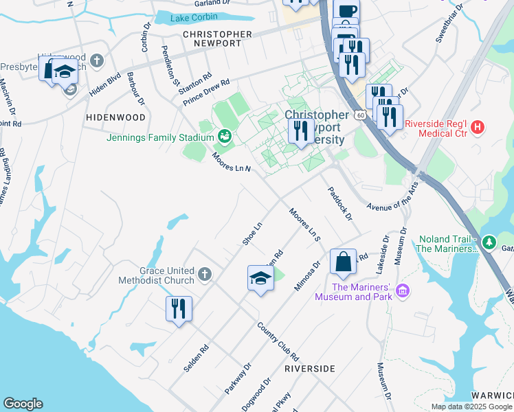 map of restaurants, bars, coffee shops, grocery stores, and more near 6 Meadow Drive in Newport News