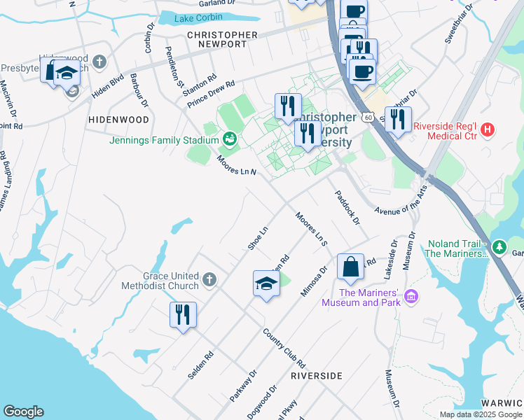 map of restaurants, bars, coffee shops, grocery stores, and more near 6 Meadow Drive in Newport News