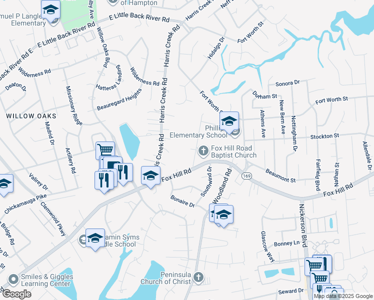map of restaurants, bars, coffee shops, grocery stores, and more near 609 Page Drive in Hampton