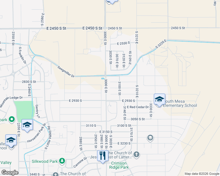map of restaurants, bars, coffee shops, grocery stores, and more near 3023 East 2840 South Circle in St. George