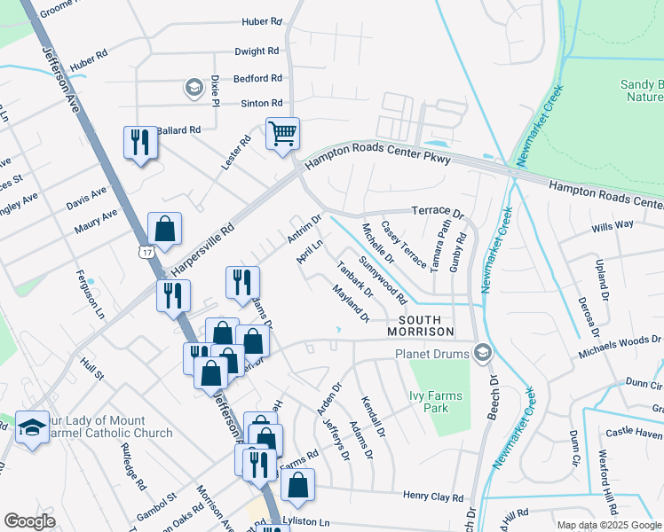 map of restaurants, bars, coffee shops, grocery stores, and more near 735 Tanbark Drive in Newport News
