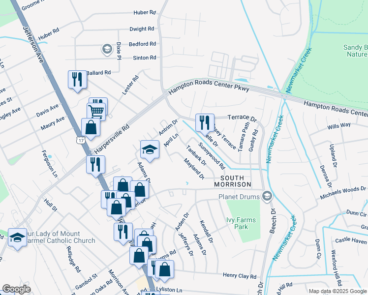 map of restaurants, bars, coffee shops, grocery stores, and more near 735 Tanbark Drive in Newport News