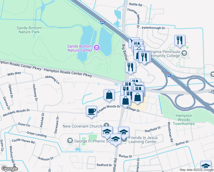 map of restaurants, bars, coffee shops, grocery stores, and more near 46 Hard Wood Drive in Hampton