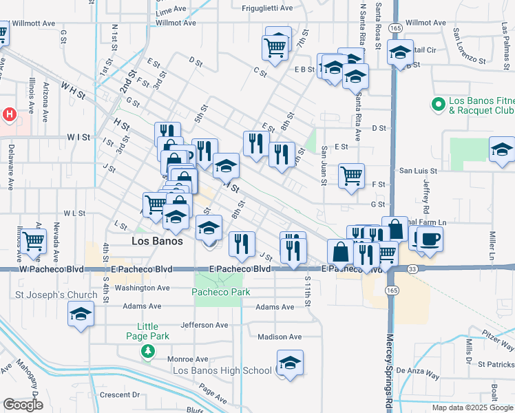 map of restaurants, bars, coffee shops, grocery stores, and more near 840 H Street in Los Banos