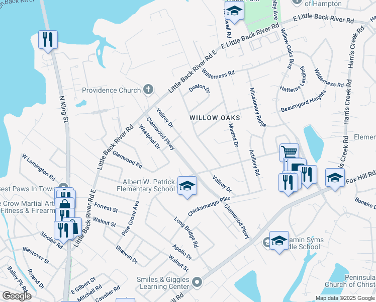 map of restaurants, bars, coffee shops, grocery stores, and more near 110 Margaret Drive in Hampton