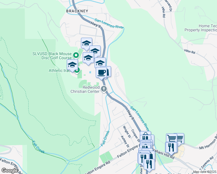 map of restaurants, bars, coffee shops, grocery stores, and more near 6970 California 9 in Felton