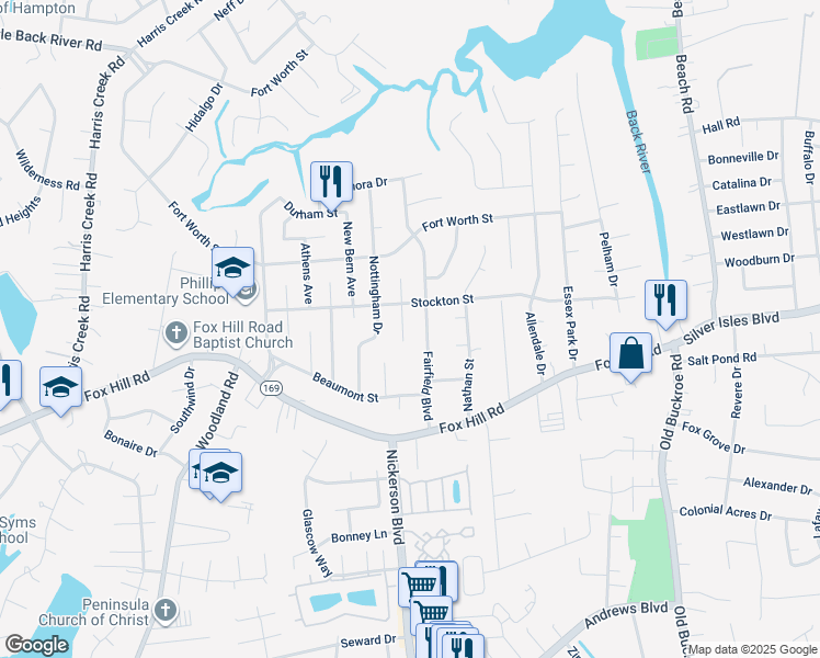 map of restaurants, bars, coffee shops, grocery stores, and more near 636 Kings View Court in Hampton