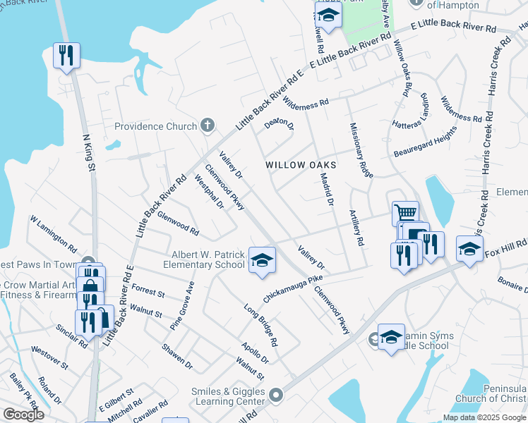 map of restaurants, bars, coffee shops, grocery stores, and more near 110 Margaret Drive in Hampton
