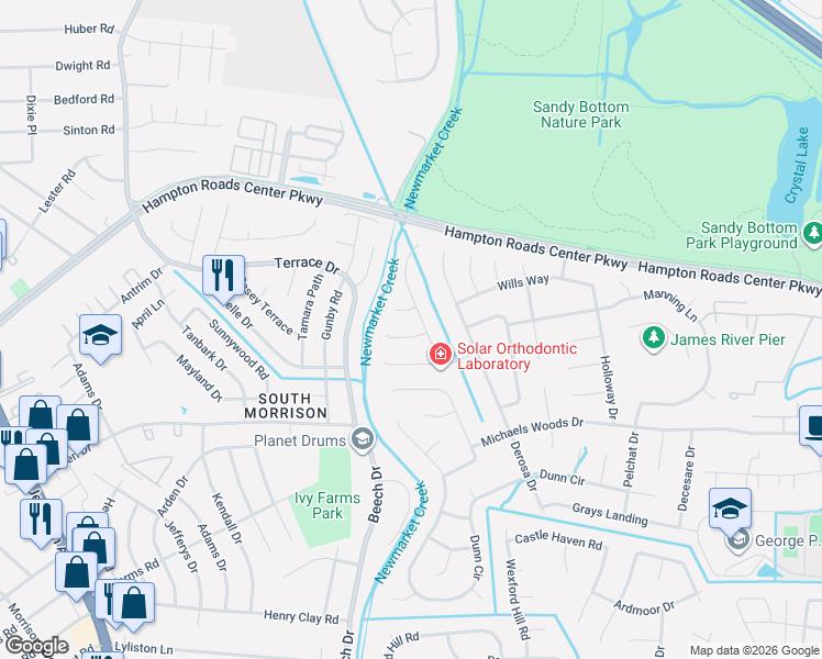 map of restaurants, bars, coffee shops, grocery stores, and more near 7 Brimer Court in Hampton