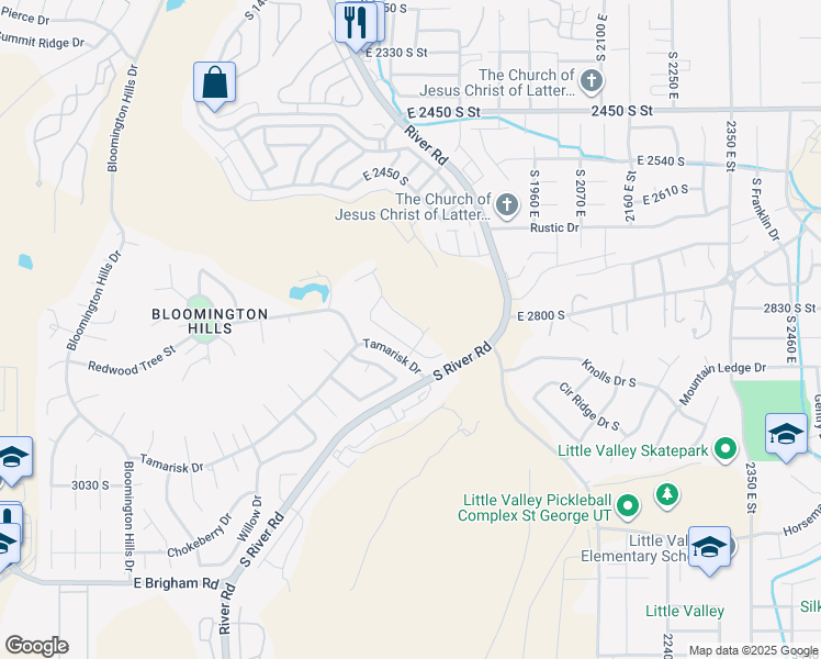 map of restaurants, bars, coffee shops, grocery stores, and more near 1660 Evergreen Drive in St. George