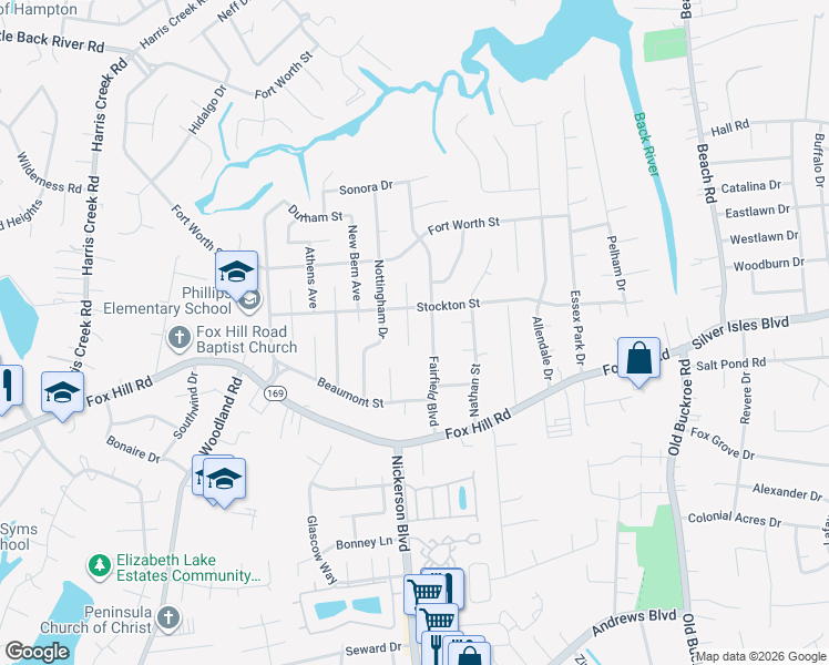 map of restaurants, bars, coffee shops, grocery stores, and more near 636 Kings View Court in Hampton