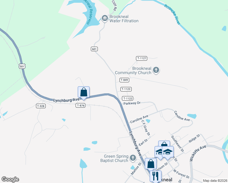 map of restaurants, bars, coffee shops, grocery stores, and more near 1226 Lynchburg Avenue in Brookneal