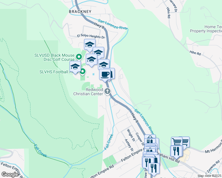map of restaurants, bars, coffee shops, grocery stores, and more near 6970 California 9 in Felton