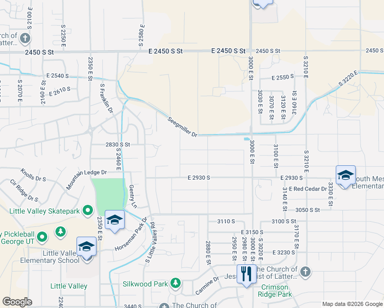 map of restaurants, bars, coffee shops, grocery stores, and more near 2778 Rowan Lane in St. George