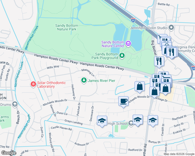 map of restaurants, bars, coffee shops, grocery stores, and more near 329 Manning Lane in Hampton