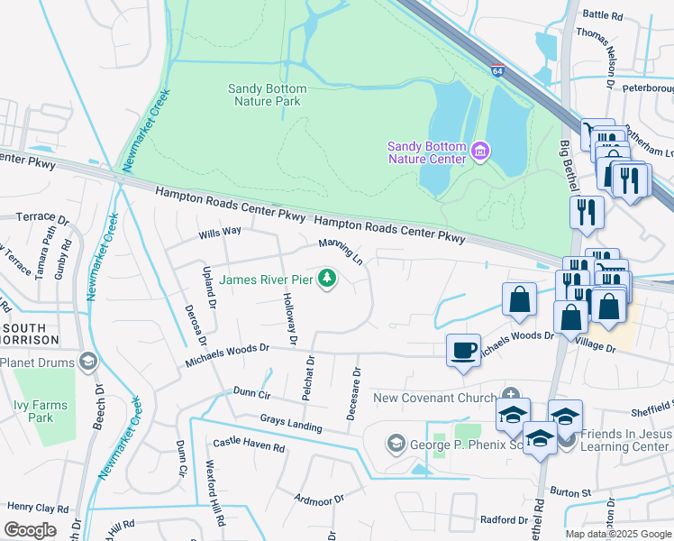 map of restaurants, bars, coffee shops, grocery stores, and more near Michael Selby Drive in Hampton