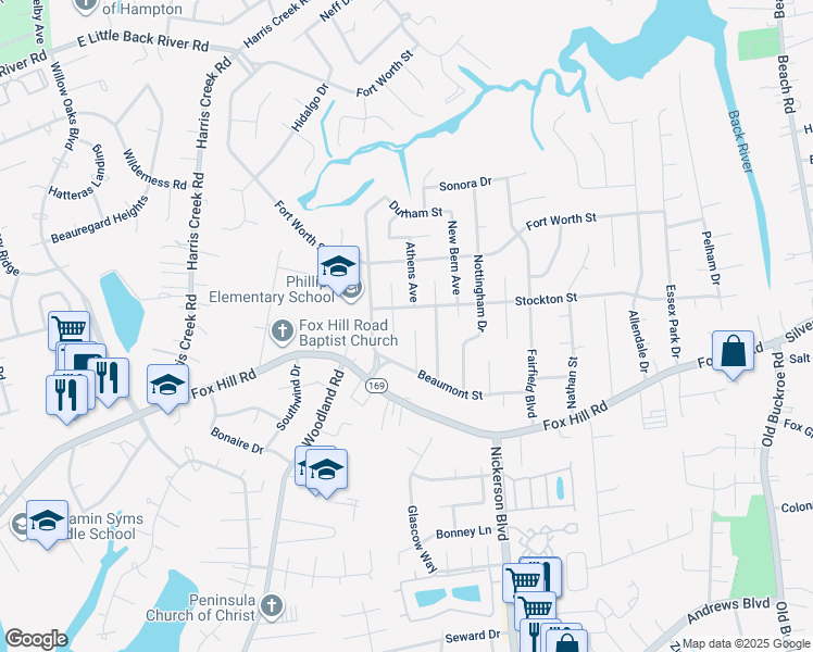 map of restaurants, bars, coffee shops, grocery stores, and more near 619 Dallas Court in Hampton