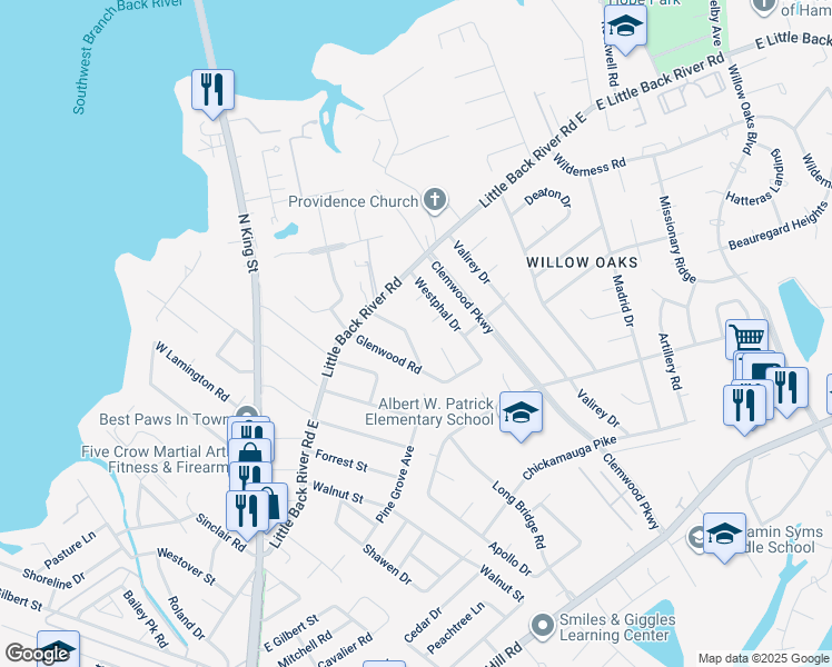 map of restaurants, bars, coffee shops, grocery stores, and more near 117 Rosewood Drive in Hampton