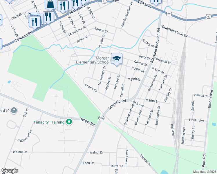 map of restaurants, bars, coffee shops, grocery stores, and more near South 30th Street in Paducah
