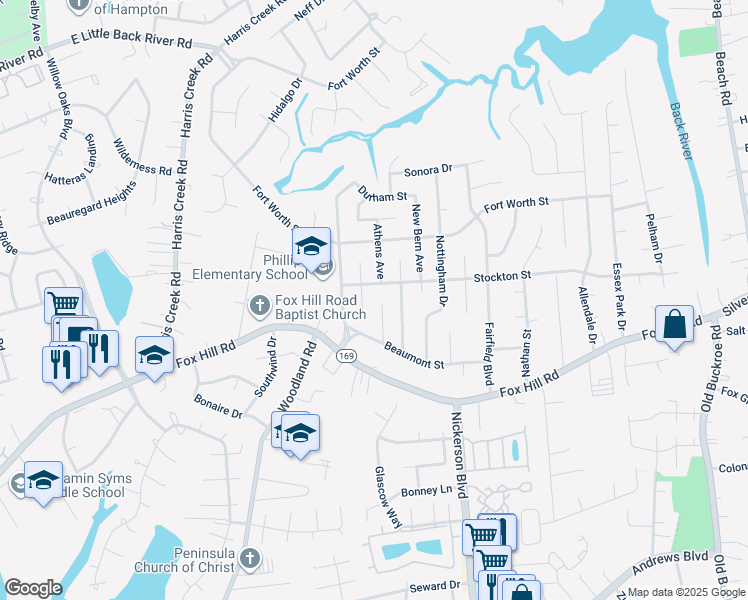 map of restaurants, bars, coffee shops, grocery stores, and more near 619 Dallas Court in Hampton