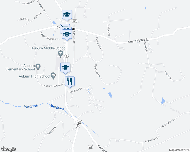 map of restaurants, bars, coffee shops, grocery stores, and more near 4051 Salisbury Lane in Riner