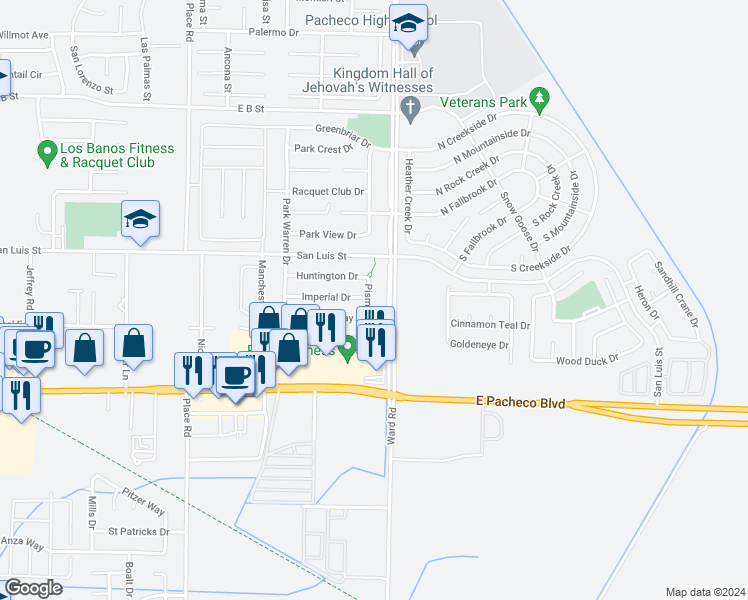 map of restaurants, bars, coffee shops, grocery stores, and more near 648 Pismo Way in Los Banos