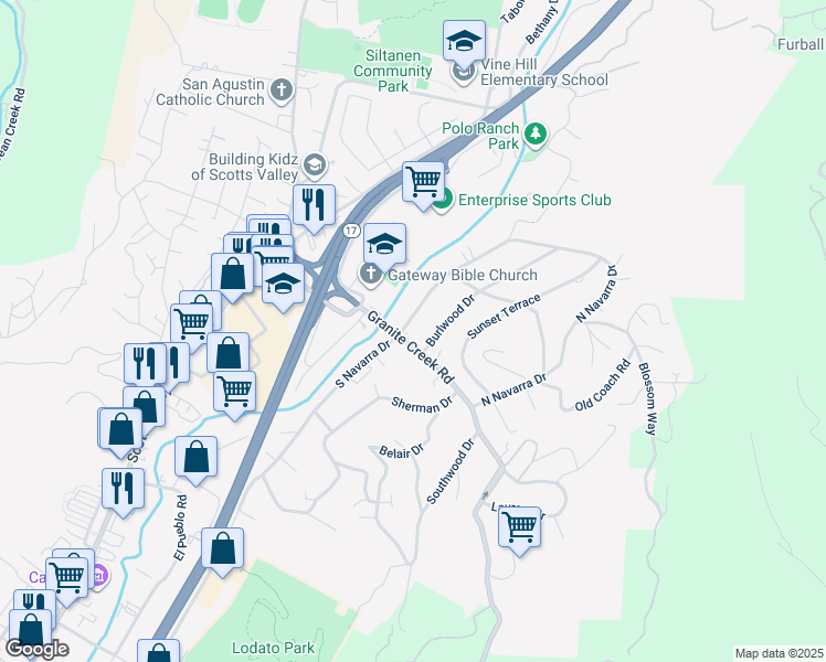 map of restaurants, bars, coffee shops, grocery stores, and more near 2 North Navarra Drive in Scotts Valley