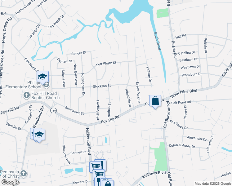 map of restaurants, bars, coffee shops, grocery stores, and more near 472 Stockton Street in Hampton
