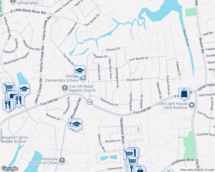 map of restaurants, bars, coffee shops, grocery stores, and more near 430 Stockton Street in Hampton