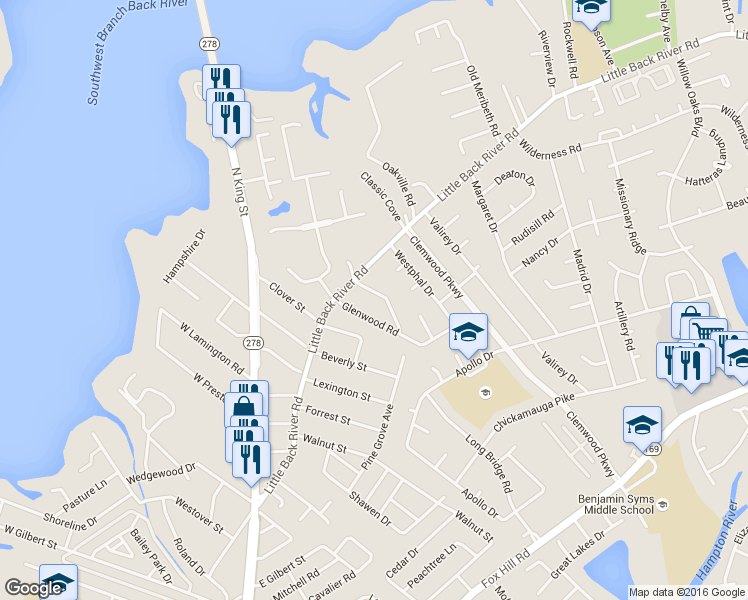 map of restaurants, bars, coffee shops, grocery stores, and more near 104 Rosewood Drive in Hampton