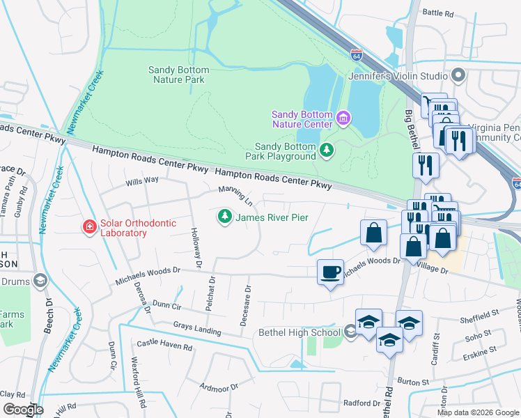 map of restaurants, bars, coffee shops, grocery stores, and more near 329 Manning Lane in Hampton