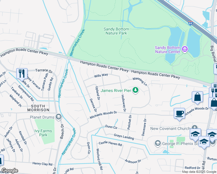 map of restaurants, bars, coffee shops, grocery stores, and more near 211 Manning Lane in Hampton