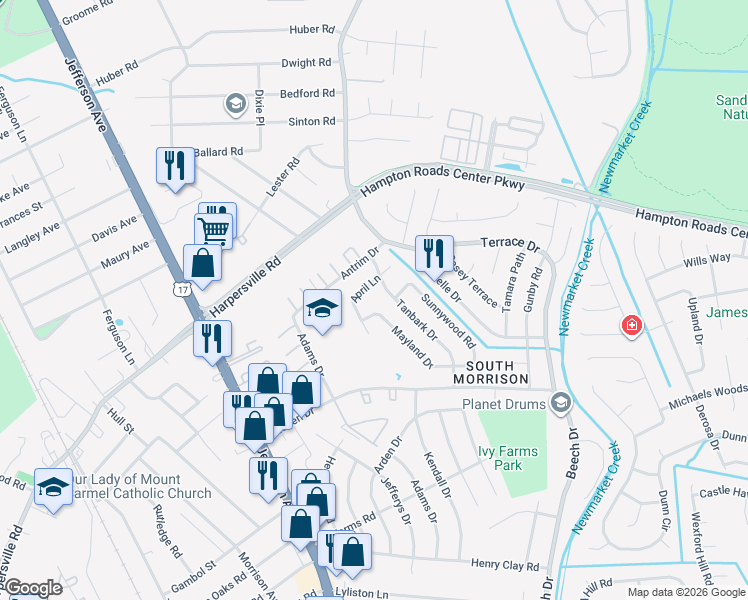 map of restaurants, bars, coffee shops, grocery stores, and more near 741 Tanbark Drive in Newport News