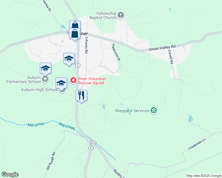 map of restaurants, bars, coffee shops, grocery stores, and more near 4051 Salisbury Lane in Riner