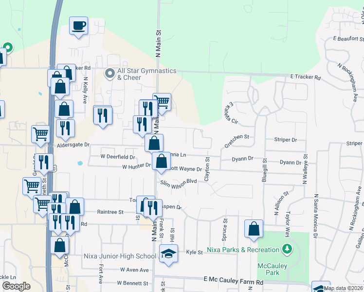 map of restaurants, bars, coffee shops, grocery stores, and more near 1104 North Main Street in Nixa