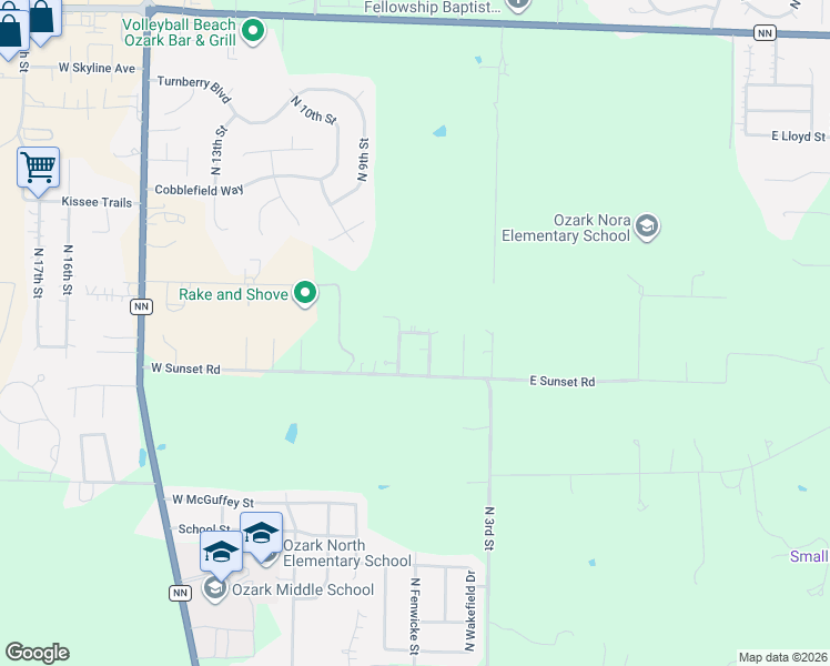 map of restaurants, bars, coffee shops, grocery stores, and more near Pleasant Valley Circle in Ozark