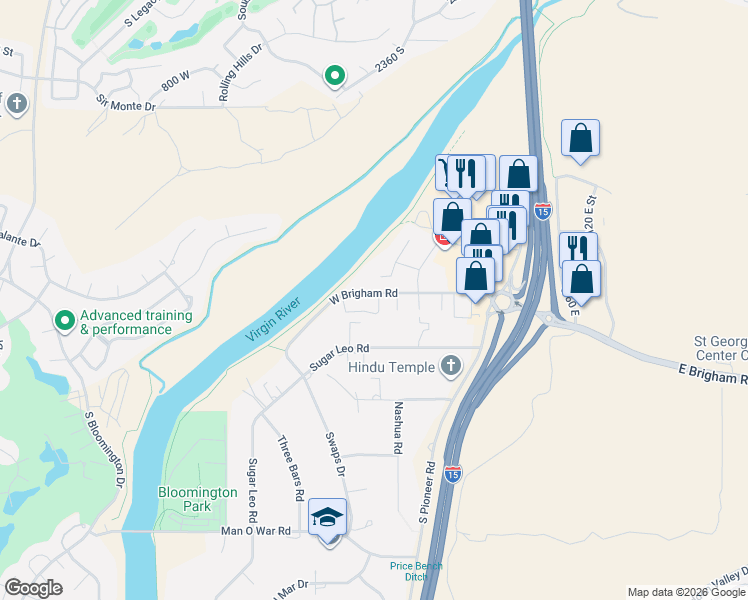 map of restaurants, bars, coffee shops, grocery stores, and more near 385 West Brigham Road in St. George