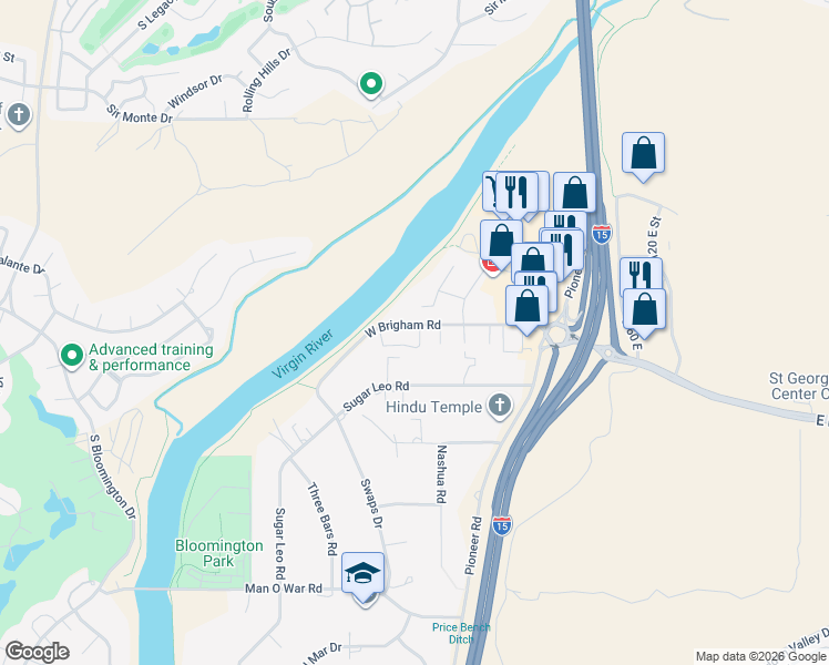 map of restaurants, bars, coffee shops, grocery stores, and more near 22 385 W Brigham in St. George
