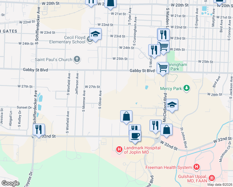 map of restaurants, bars, coffee shops, grocery stores, and more near 2706-2798 South Adele Avenue in Joplin