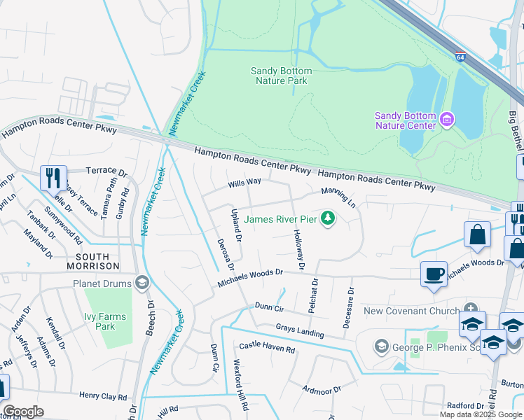 map of restaurants, bars, coffee shops, grocery stores, and more near 211 Manning Lane in Hampton