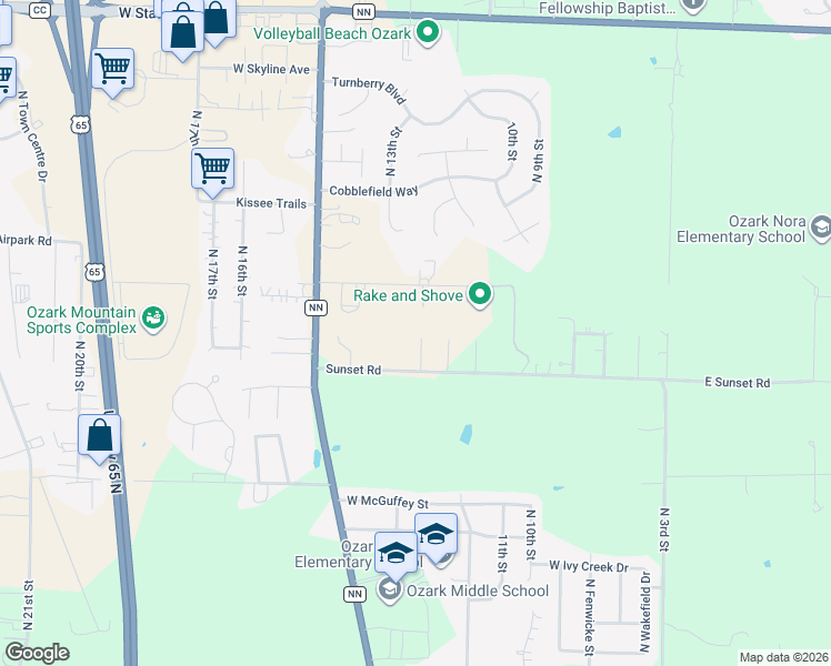 map of restaurants, bars, coffee shops, grocery stores, and more near 4317 Morgan Court in Ozark