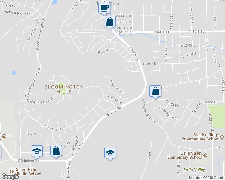 map of restaurants, bars, coffee shops, grocery stores, and more near 1635 Maplewood Way in St. George