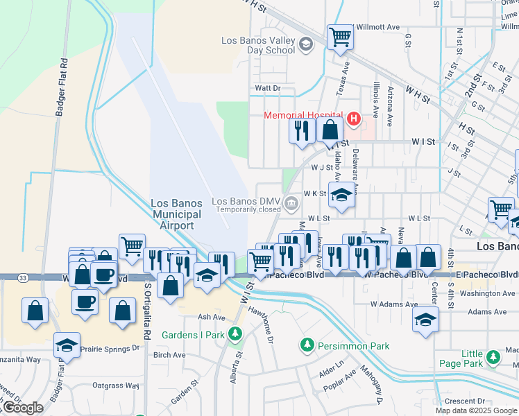 map of restaurants, bars, coffee shops, grocery stores, and more near 976 Granada Circle in Los Banos