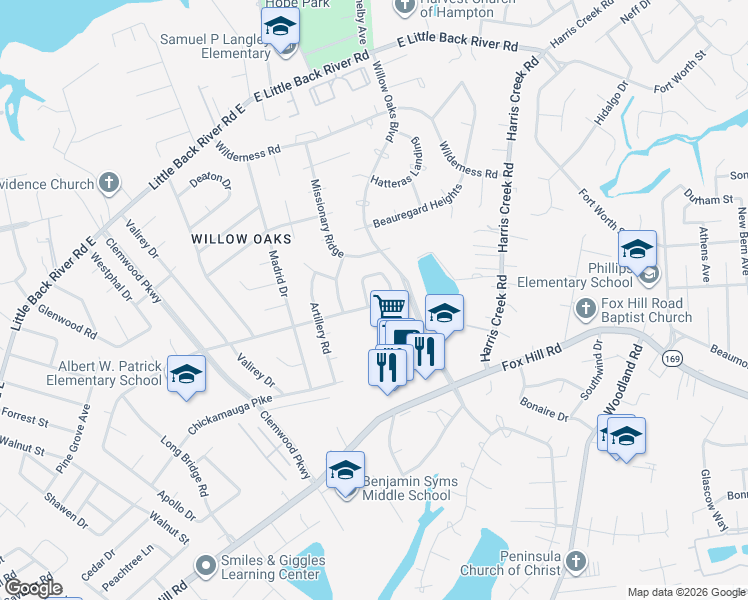 map of restaurants, bars, coffee shops, grocery stores, and more near 102 Horseshoe Landing in Hampton