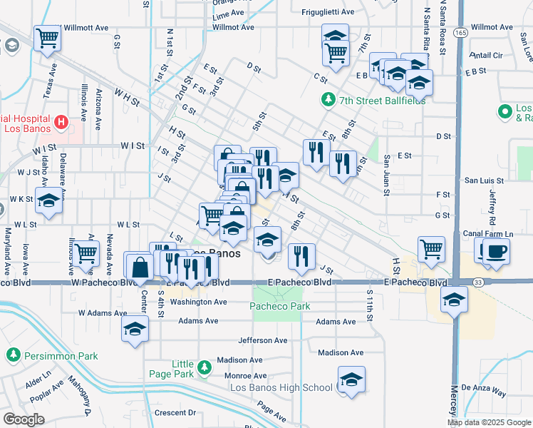 map of restaurants, bars, coffee shops, grocery stores, and more near in Los Banos