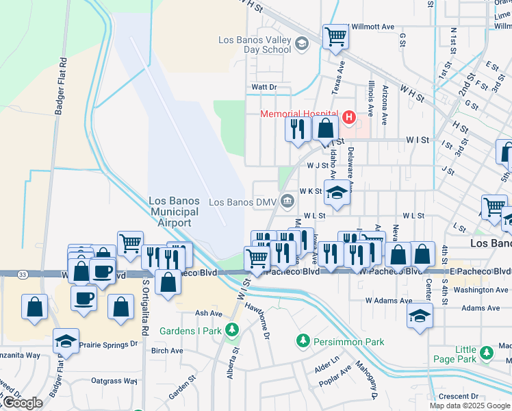 map of restaurants, bars, coffee shops, grocery stores, and more near 976 Granada Circle in Los Banos