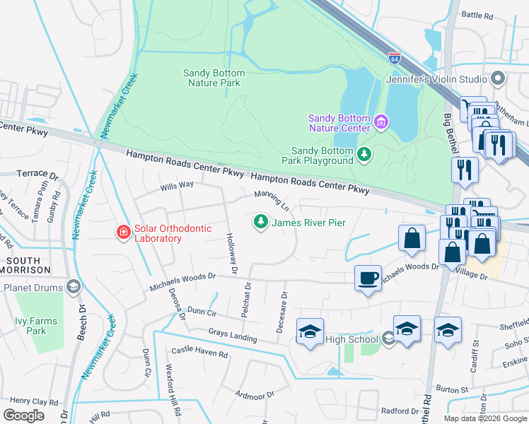 map of restaurants, bars, coffee shops, grocery stores, and more near 315 Michael Selby Drive in Hampton